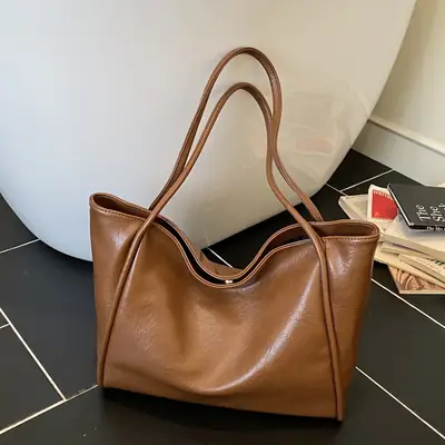 Women Large Capacity Leather Tote Bag Brown 2025