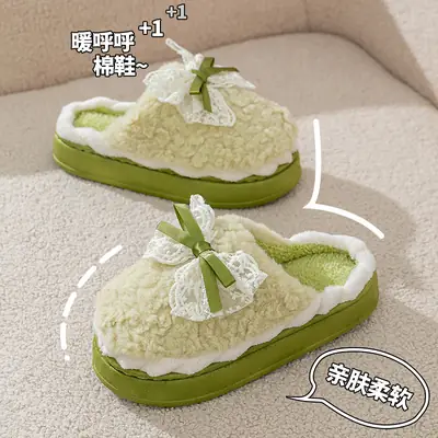 Bow Cotton Slippers for Women Winter 2025 New Indoor Home Thick-Soled Non-Slip Fleece-Lined Warm Plush Slippers