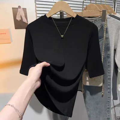Black Bottoming Shirt Spring and Summer Slim Mid-Sleeve Top Half-Sleeved T-Shirt 2025 New Right Shoulder Top Trendy Women's Style