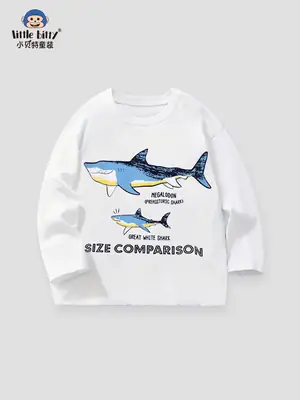 White Long Sleeve Kids T-Shirt Cartoon Shark Print