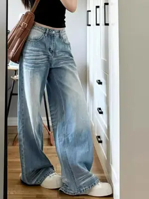 Light Blue Jeans Washed Retro Straight Pants Women's Autumn Design Wide-Leg Pants Long Pants Loose Floor-Length Pants Trendy