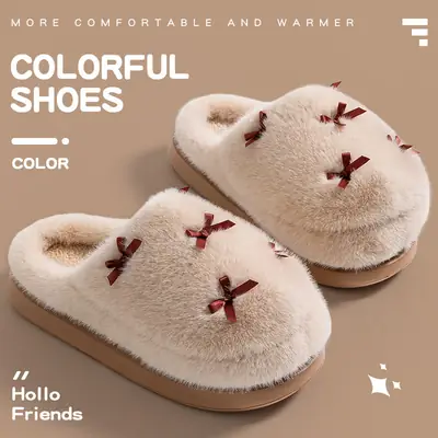 Cute Bow Cotton Slippers Women Warm Winter