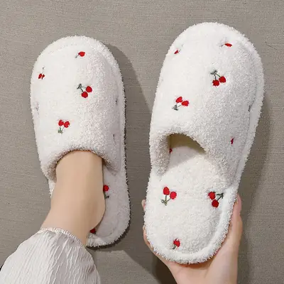 Home Cotton Slippers for Women in Autumn and Winter, Cute Cherry Plush Warm Indoor Ladies' Non-Slip Floor Slippers Wholesale