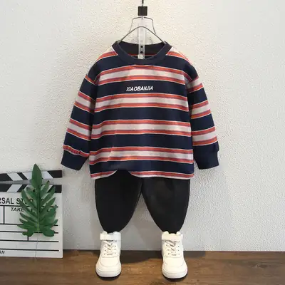 Boys Striped Hoodie Set Cotton Red Blue White