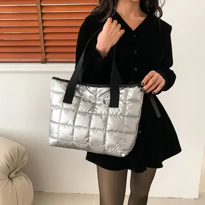 Women's Silver Puffer Tote Bag 2026 Summer