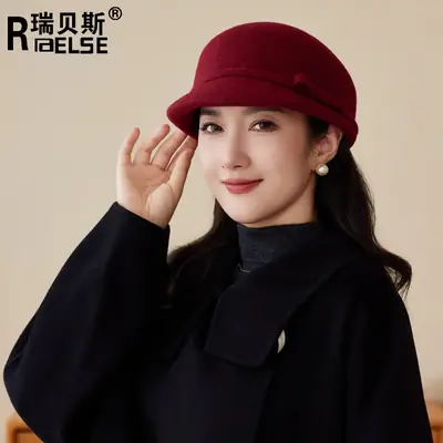 Women Wool Hat Red Black Winter Elegant Retro