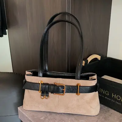 Women's Retro Suede Armpit Bag Beige Black 2025