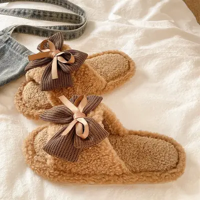 Women's Bow Knot Furry Slippers Brown 2026 Winter