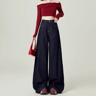 Dark Blue Wide Leg Pants with Hip Cover Top Set