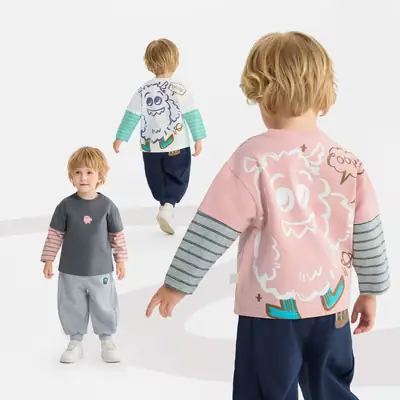 Boys Fake Two-Piece Long Sleeve T-Shirt Cartoon Pink