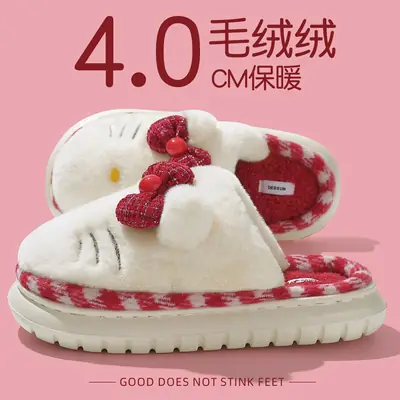 Women Winter Bow Slippers Warm Plush Red White