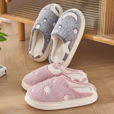 Starry Sky Cotton Slippers for Women, Autumn and Winter Indoor Home, Thick-Soled Non-Slip Fleece-Lined, Warm and Lint-Free Cotton Slippers for Men