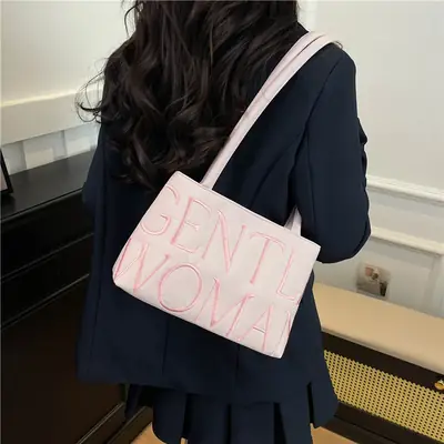 Pink Satin Letter Embroidered Shoulder Bag for Women