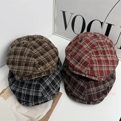 New British Style Plaid Cap for Women Autumn Casual Reversible