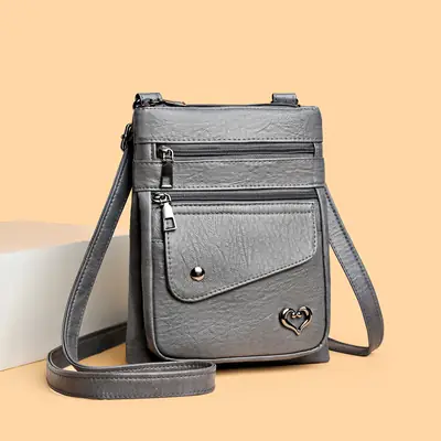 Women Crossbody Phone Bag Grey Leather Shoulder Bag