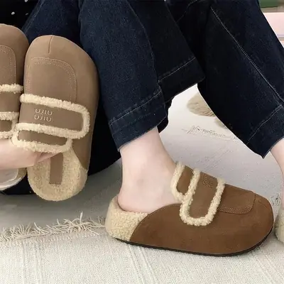 Winter Furry Slippers for Women Brown Fleece Lined
