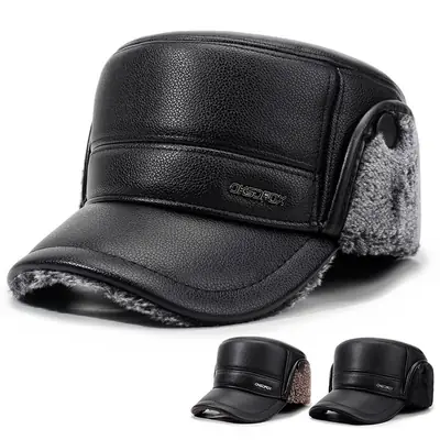 Men's Black Leather Winter Ear Protection Hat