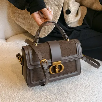 Retro Square Handbag Brown Leather Gold Clasp