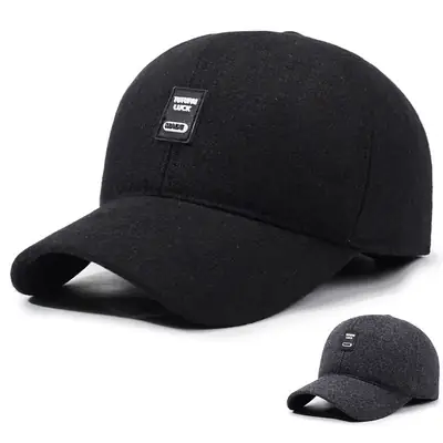 Men's Black Wool Baseball Cap with Ear Protection