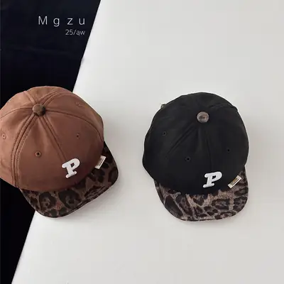 Kids Baseball Cap Black Leopard Print P Letter