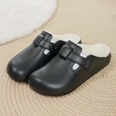 Men's Black Plush Toe Cap Half Slippers Winter Wear