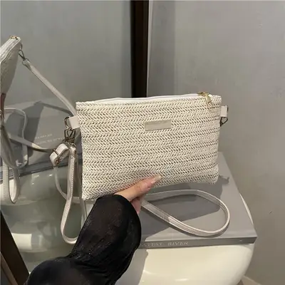 Women Woven Crossbody Bag White Square Design