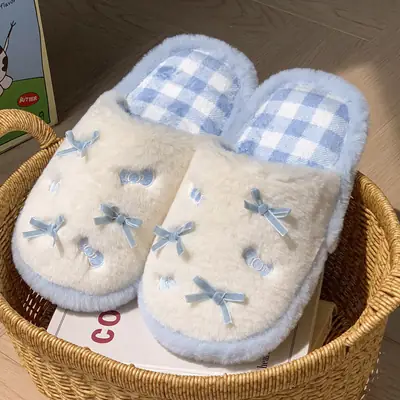 Cute Pink Bow Cotton Slippers for Women Winter
