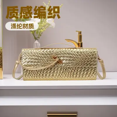 Gold Woven Crossbody Bag with Leather Trim