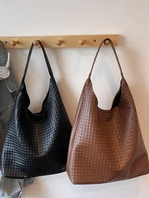 Large Capacity Woven Bucket Bag for Women Brown Black
