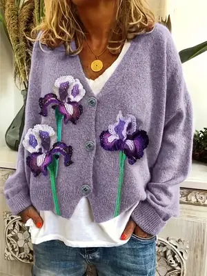 Ladies 3D Printed Iris Cardigan V Neck Sweater Autumn Winter