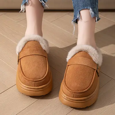 2025 Winter New Women's Korean Style Large Size Flats Fashion Belt Buckle Fleece-Lined Thickeneded Short-Tube Cotton Shoes Women's Thick-Soled Slippers