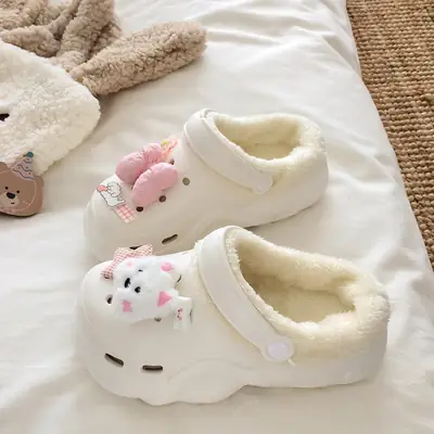 Croc Shoes Winter Fleece-Lined Removable Women's Autumn and Winter Girls' High Heels Cute Cross-Border Non-Slip Cotton Slippers Winter Fleece-Lined
