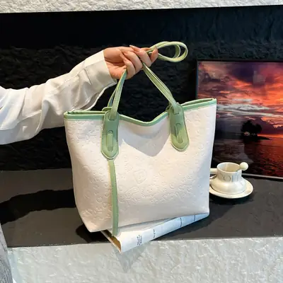 Women's White Textured Shoulder Bag with Green Handles