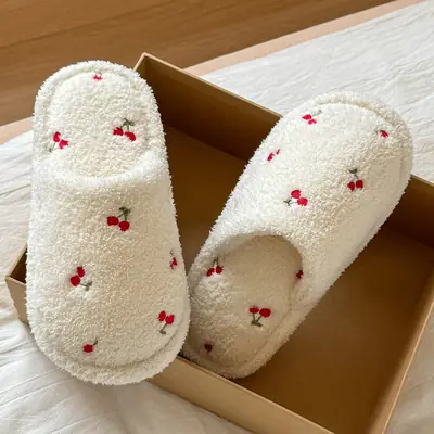 Cute Cherry Cotton Slippers for Women Autumn and Winter Plush Warm Home Indoor Ladies Home Non-Slip Floor Mop Wholesale