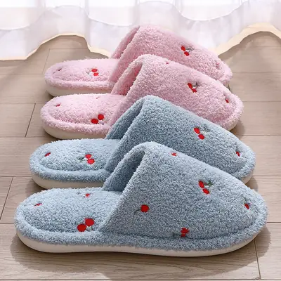 Women Cherry Embroidered Cotton Slippers Winter Warm