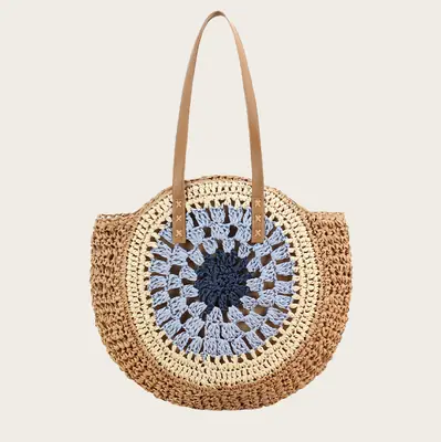 Women's Blue Center Hollow Straw Bag with Leather Handles