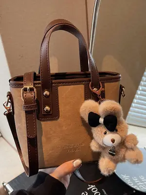 Women's Brown Leather Crossbody Bag with Teddy Bear Charm