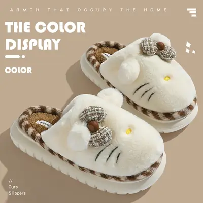 Women Winter Cartoon Slippers White Red Bow Warm Indoor Wear