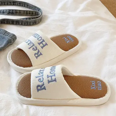 Fashionable Lettered Linen Slippers for Women, Spring and Autumn 2026 New Model, Indoor Home Comfort, Breathable, Non-Slip Slide Slippers
