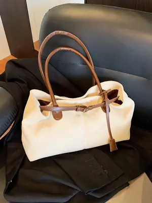Women's White Leather Satchel Bag with Brown Handles