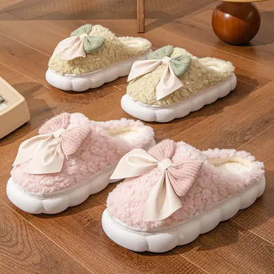 Bow-Knot Cotton Slippers for Women, Indoor Home, Soft-Soled, Non-Slip, Fleece-Lined, Warm, Fashionable Plush Confinement Cotton Slippers