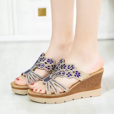 Women Rhinestone Wedge Sandals High Heel Large
