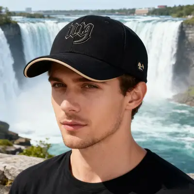 Men Black Embroidered Baseball Cap with Curved Brim