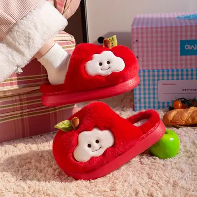 Cute Apple Cotton Slippers for Women Autumn and Winter 2025 New Indoor Home Plus Plush Anti-Slip Postpartum Slippers