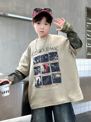 Spring Long Sleeve T-Shirt for Boys Kids Grey Graphic Tee
