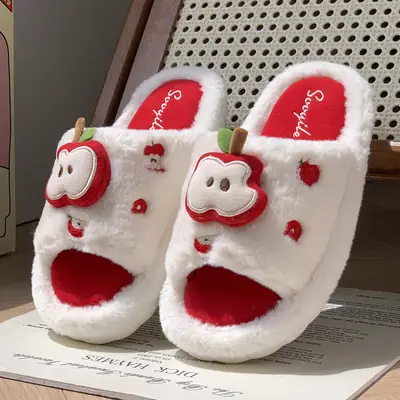 New Cute Cartoon Apple Open Plush Slippers for Women Winter Indoor Home Fleece-Lined Warm Anti-Slip Cotton Slippers