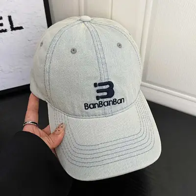 Women Korean Embroidered Denim Cap Light Grey
