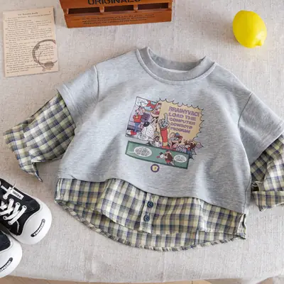 Girls Plaid Sleeve Grey T-Shirt 2025 Spring Fall