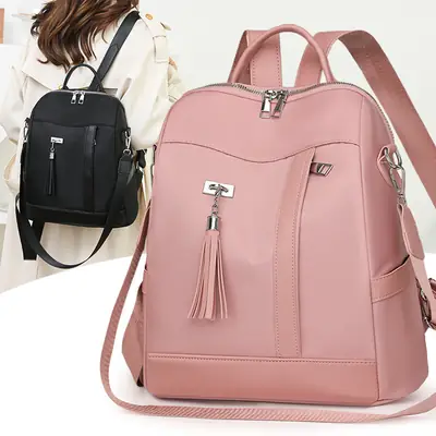 Pink Women's Shoulder Backpack with Tassel & Black Backup