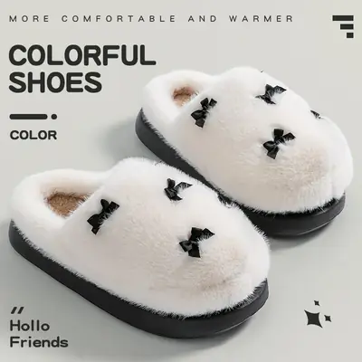 Bow Cotton Slippers Women Winter Warm Plush